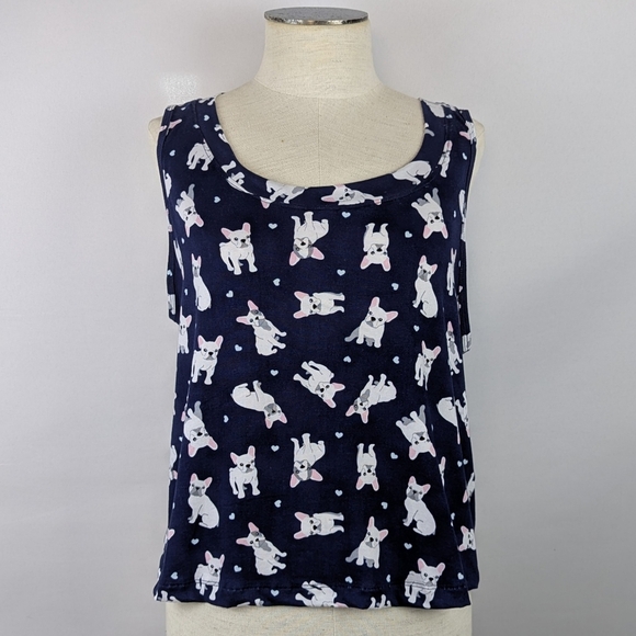 Pillow Talk Frenchies Hearts Print PJ Set Tank Top Crop Pants Navy White L NWT - Picture 8 of 11